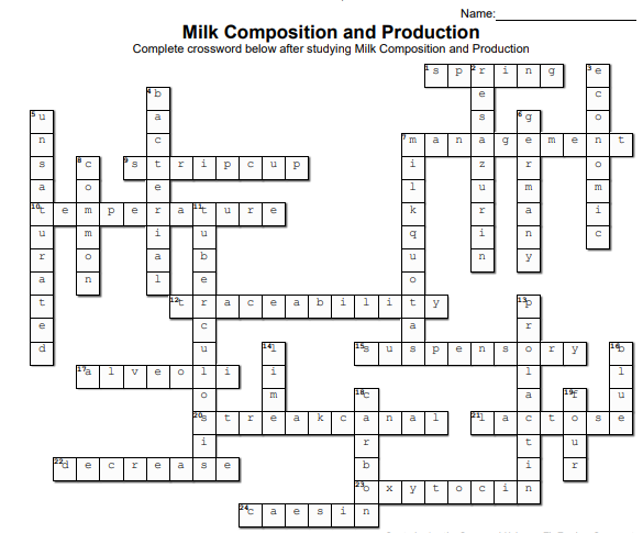 Dairy Production Crossword Mr Ag